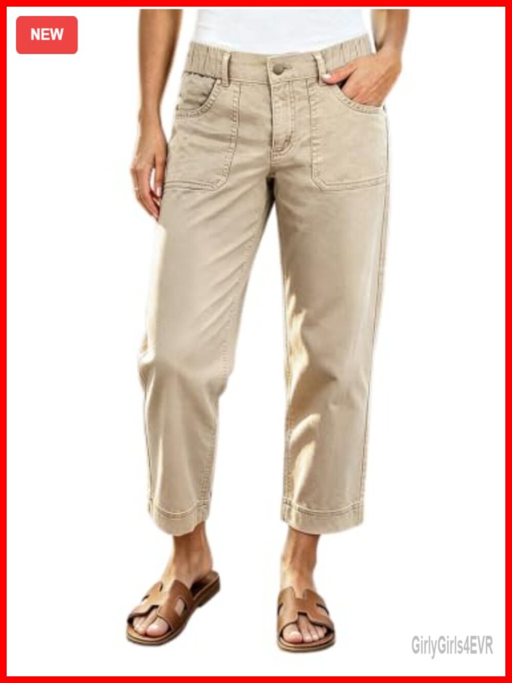 High Rise Straight Leg Crop Pants Cotton Spandex Casual Stretch